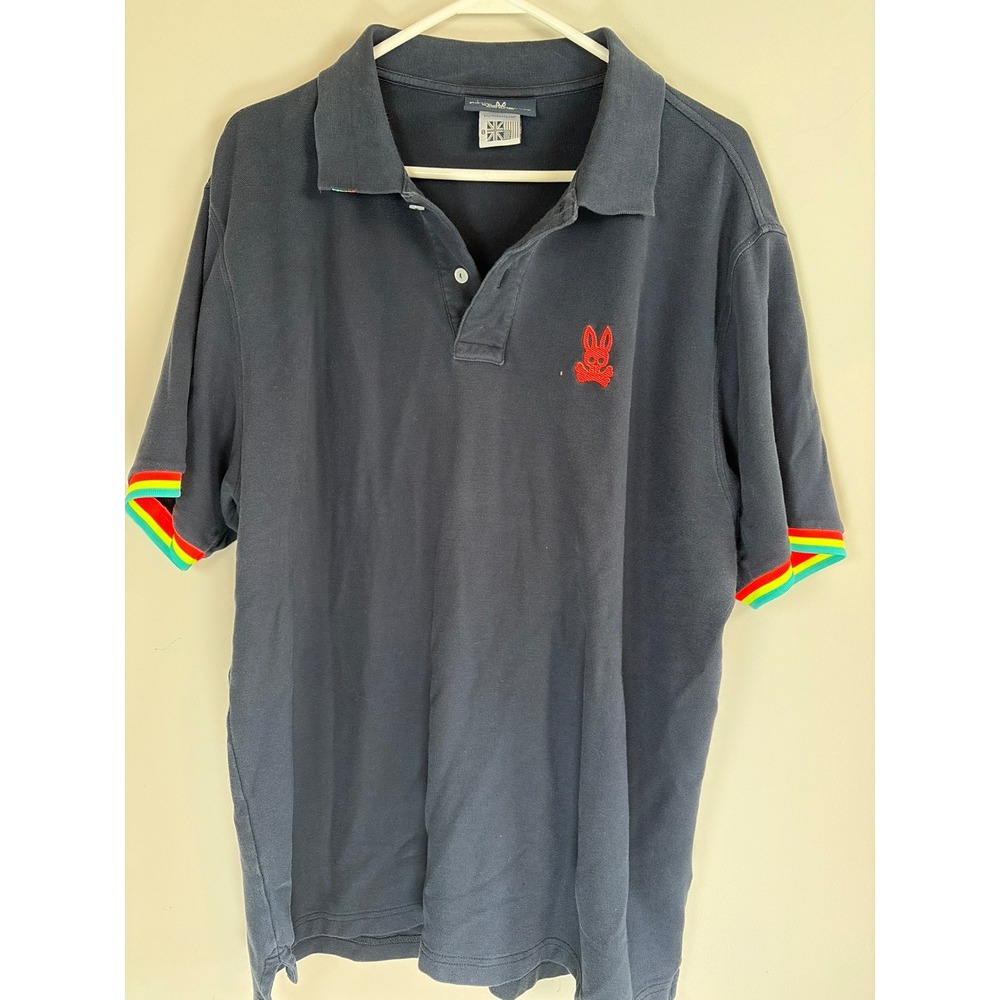 Psycho Bunny Mens Navy Blue Pima Cotton Polo Shirt Rainbow Stripe Cuffs Size 8